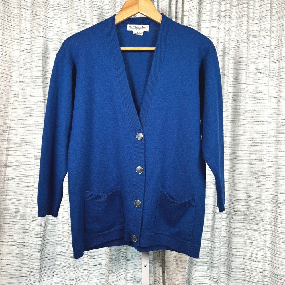 Outlander Cardigan Sweater Blue Womens Medium Wool Blend V-Neck Pockets‎ EUC VTG